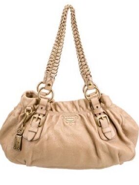 Prada Beige Leather Shoulder Bag with Gold Hardware